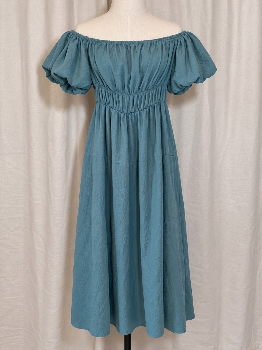 Teal Blue Off Shoulder Puff Sleeve Midi Dress Size M